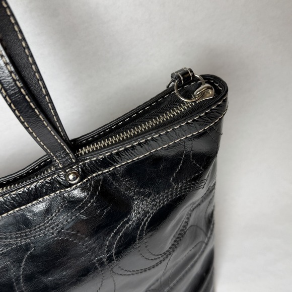 Coach Signature Logo Black Patent Leather Stitch Tote Shoulder Bag Double F15142 - Picture 11 of 16